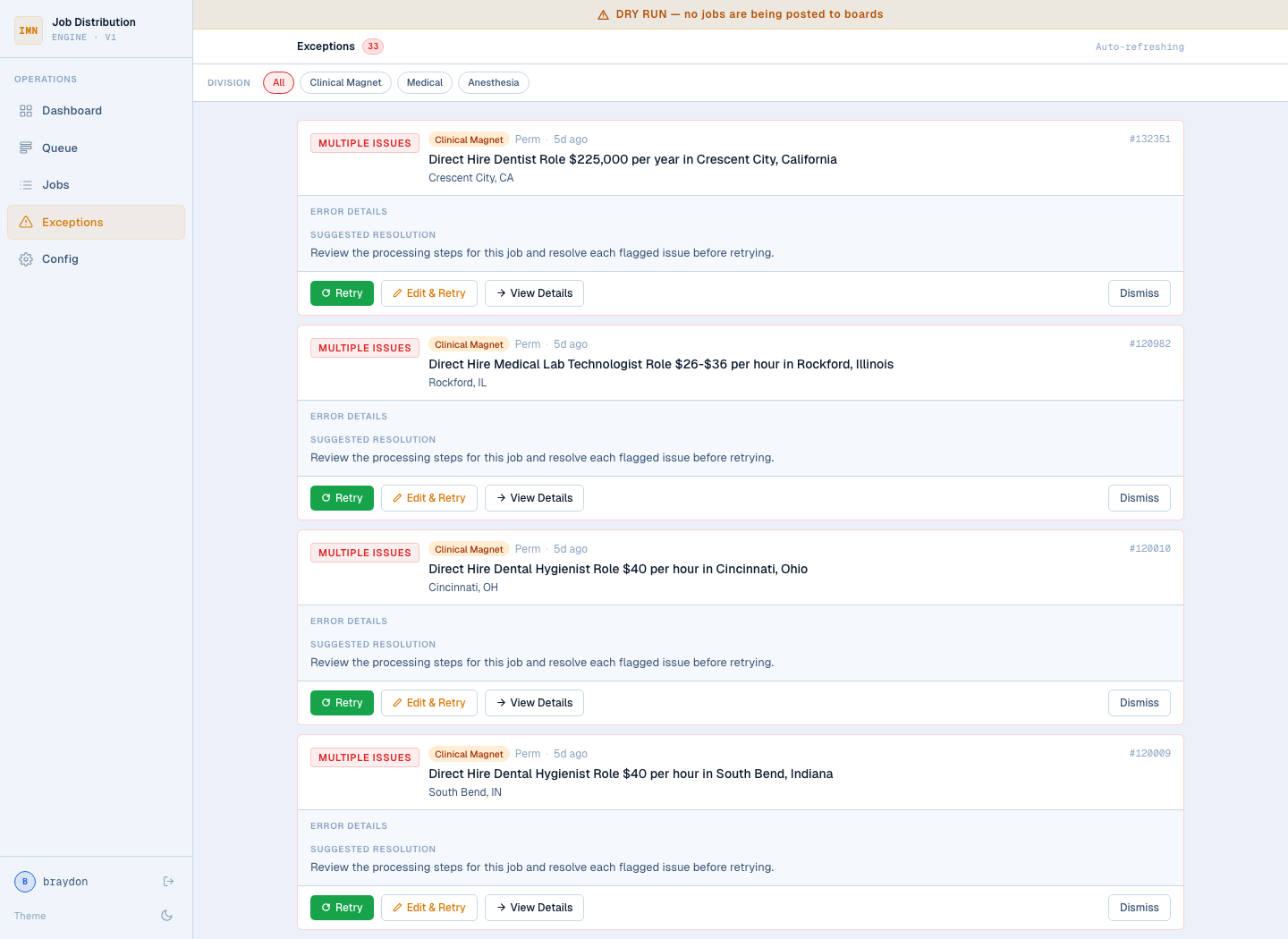 Exceptions screen in the IMN prototype
